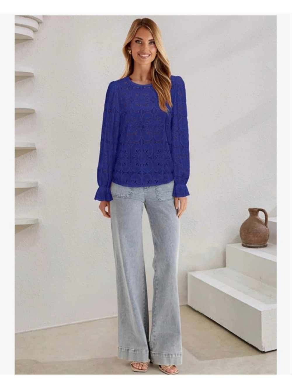 NEW Blue Long Sleeve Eyelet Lace Career Embroidered Blouse M - Picture 6 of 7